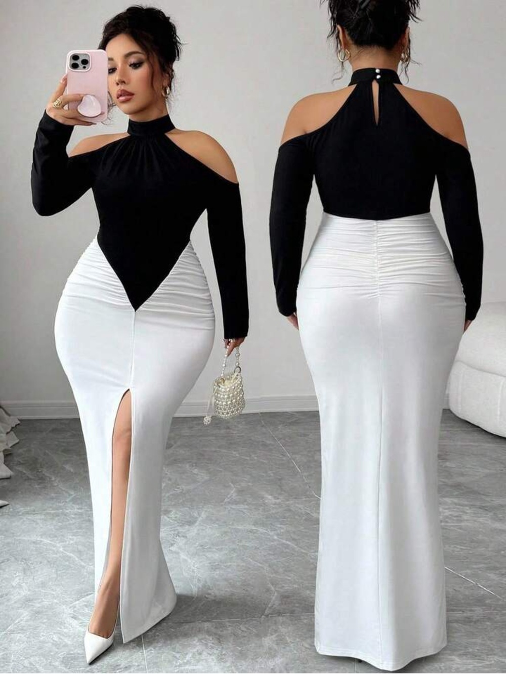 Black & White Cold-Shoulder Maxi Dress with Front Slit